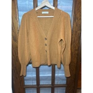 White + Warren Exaggerated Puff Sleeve Cardigan Brown‎ Cashmere